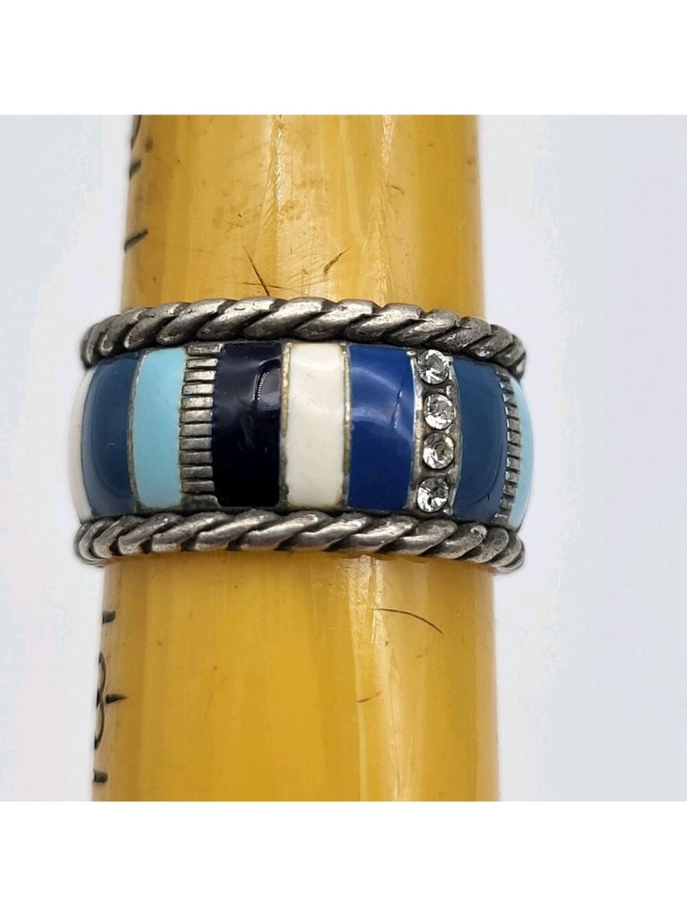 Brighton Cabana Stripe Blue Enamel Crystal Silver Plated Stackable Ring Sz 7